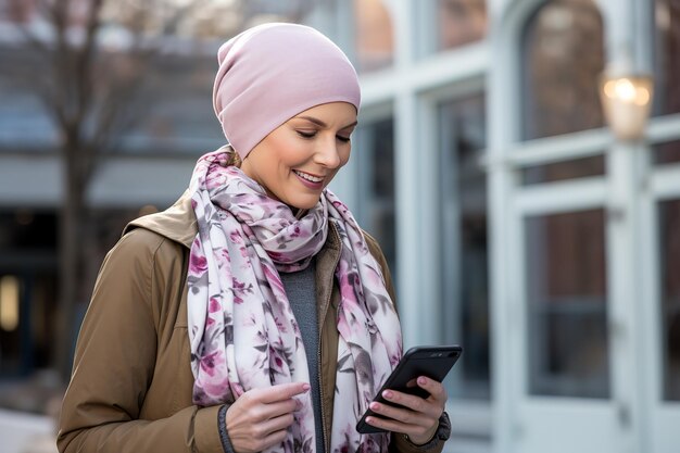 A strong woman in a scarf with a mantra in the city