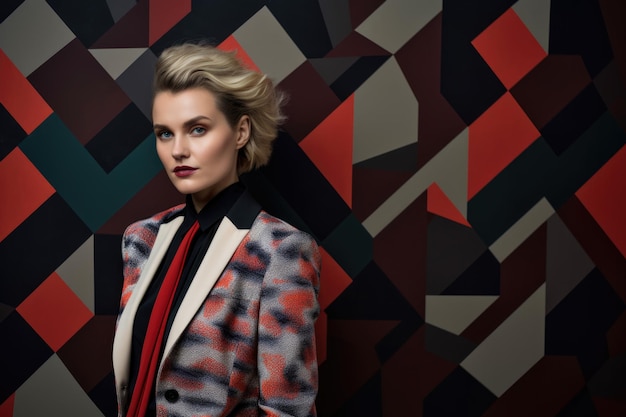 Strong woman with a bold geometricpatterned blazer and striking makeup standing against