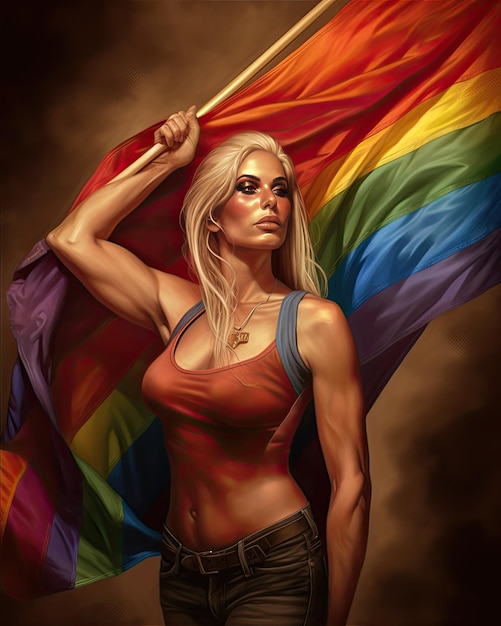 A strong woman with the colors of rainbow in the background