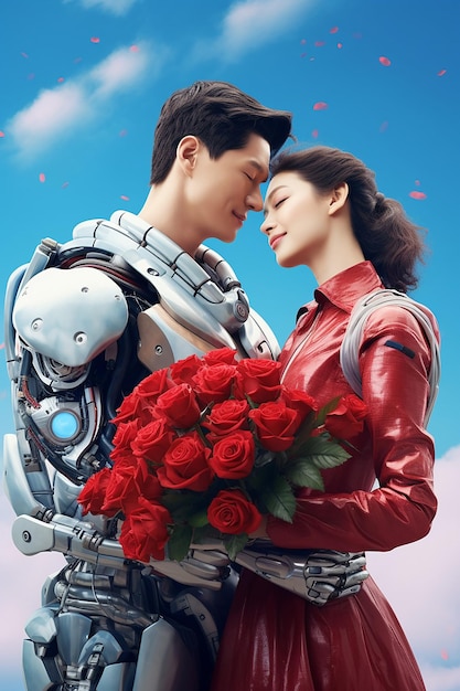 Strong young chinese man holding his wife sky background robot style valentines day red roses