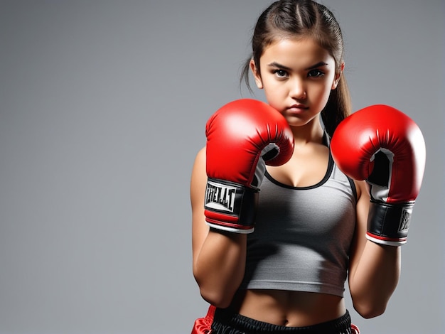 Strong young girl wearing red boxing gloves standing ready to fight on neutral gray background Spor