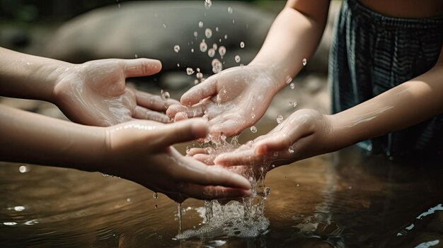 Stroom van schoon water dat in de handen van kinderen stroomt met generatieve AI-technologie