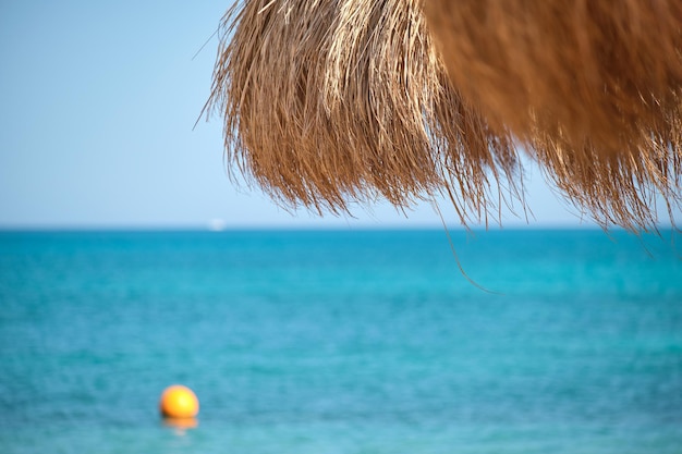 Stroschaduwparaplu in tropisch zeegebied tegen levendige blauwe hemel in de zomer