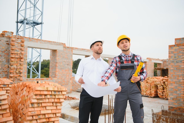 Structural engineer and foreman worker discuss plan working for the outdoors building construction site