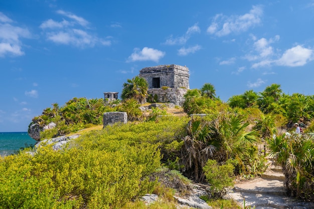 Structure 45 offertories on the hill near the beach Mayan Ruins in Tulum Riviera Maya Yucatan Caribbean Sea Mexico