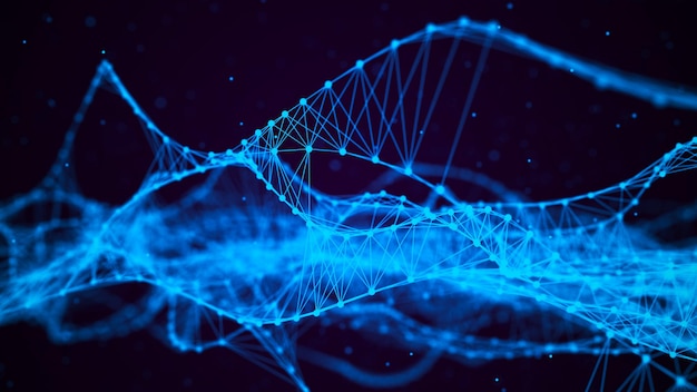 the structure of dna medicine science and technology blue background with a wave of lines and particles the concept of a gene cell big data 3d rendering