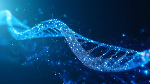 DNA 分子の構造は黒い青い背景でフレームのネオンラインで作られています