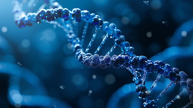 어두운 파란색 배경에서 DNA 분자의 구조 의학 기술 배경