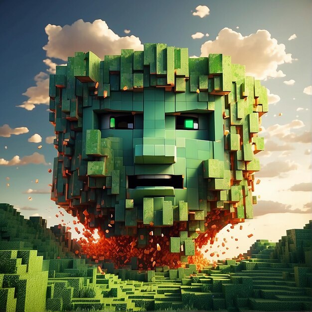 a structure man face created with highly detailed explosion of block generative AI