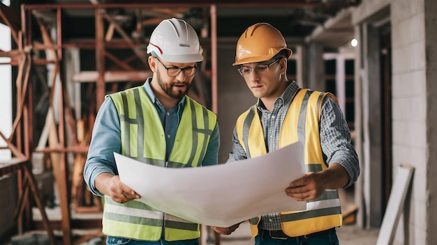 Structurele ingenieur en voorman bespreken met blauwdrukken het plan voor de inspectie van het gebouw