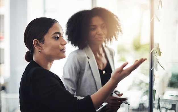 Structuur toevoegen aan hun ideeën Shot van twee zakenvrouwen die brainstormen met notities op een glazen wand in een kantoor