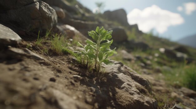 The struggle of a young tree growing on rocky mountain slopes