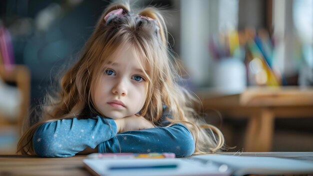 Photo struggling schoolgirl tired and sad while working on homework assignment concept struggleoverwhelmededucationtiredsad