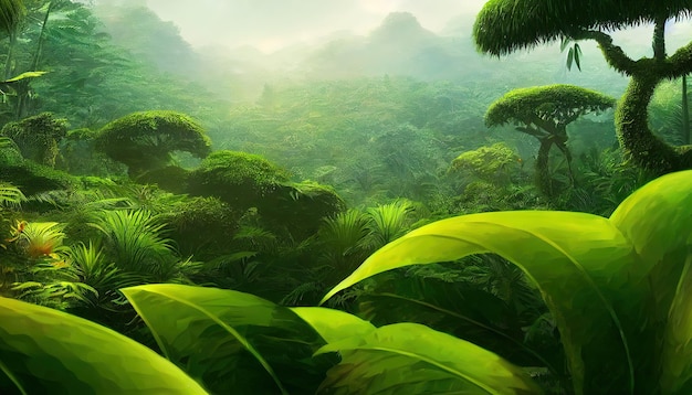 Struikgewas van verschillende groene planten in de jungle, grote bladeren van bomen en struiken en bergen aan de horizon in de mist 3d illustratie