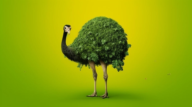 Struisvogel met het lichaam als een boom met bladeren op greenGenerative AI