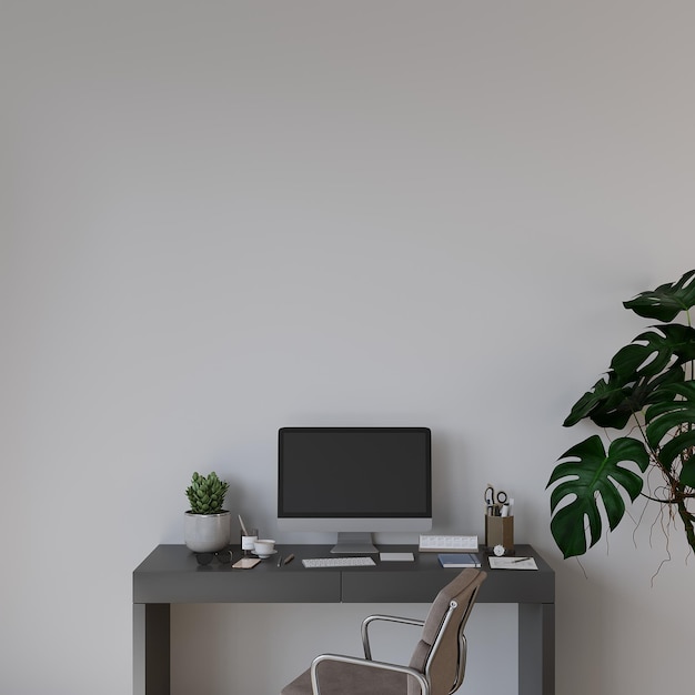 Studeerkamer muur mockup, kantoor aan huis meubilair, lege muur