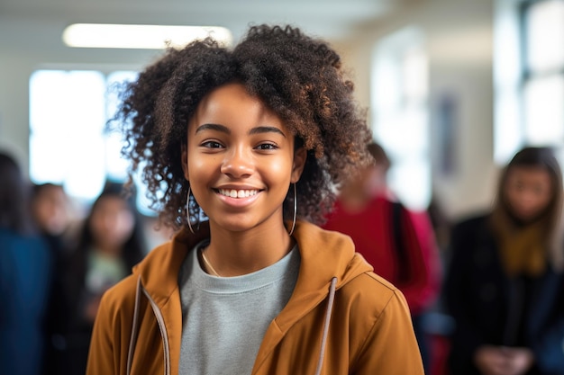 Foto studente afroamericana vestita con una felpa nel corridoio del liceo