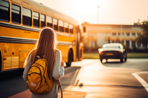 Student arriving at school by bus or walking on summer morning