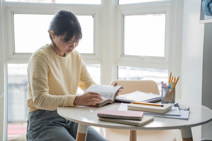 Photo アジアの女性学生が寮で本を読み大学生が宿舎で宿題をしています