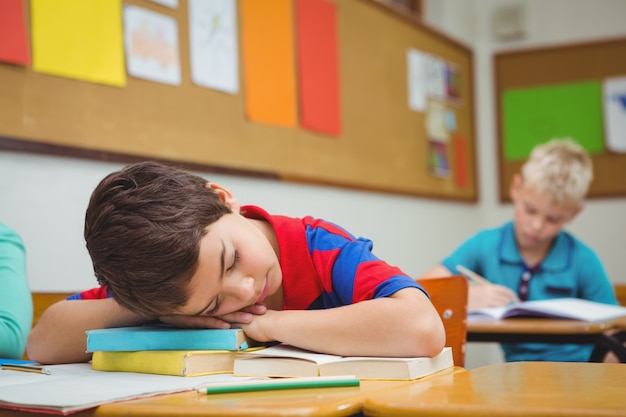 Studente addormentato su una scrivania