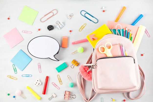 Student backpack and various school supplies. studying, education and back to school concept