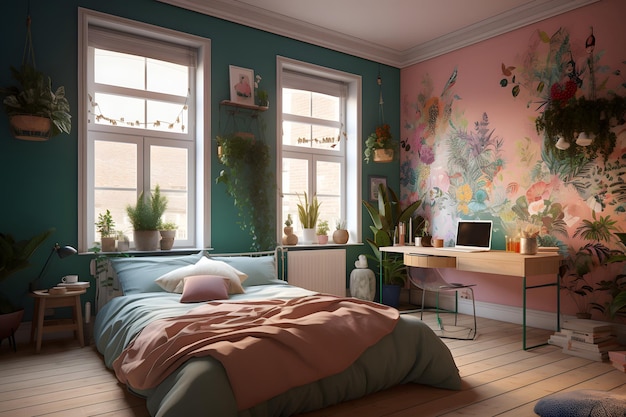 Student bedroom with plants in pastel colors at day time Neural network generated in May 2023 Not based on any actual scene or pattern