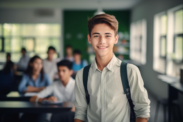 Foto studente vestito con una camicia che porta uno zaino in classe al liceo