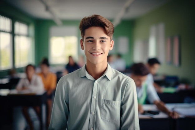 Student boy dressed in shirt in high school classroom