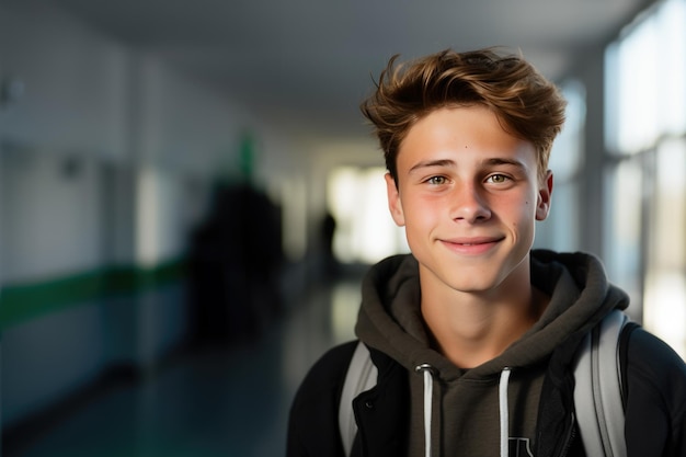 Student boy dressed in sweatshirt carrying a backpack in high school hallway