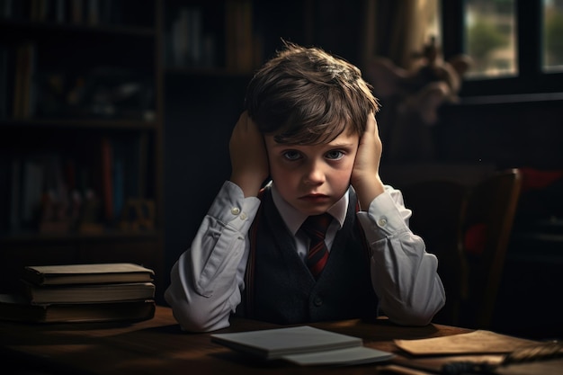 Photo student boy is worried and tired from reading and bored from studying in the classroom