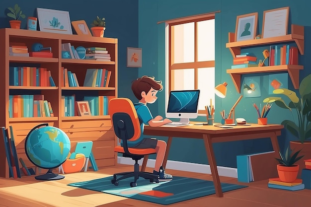 Student boy sitting at home office desk