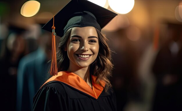 A student in a cap and gown smiles at the camera.