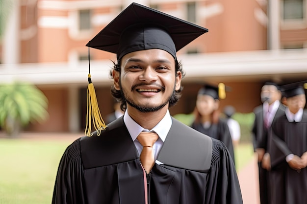 A student in a cap and gown smiles at the camera.