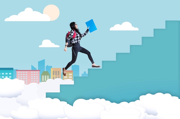 student climbing stairs with cityscape background