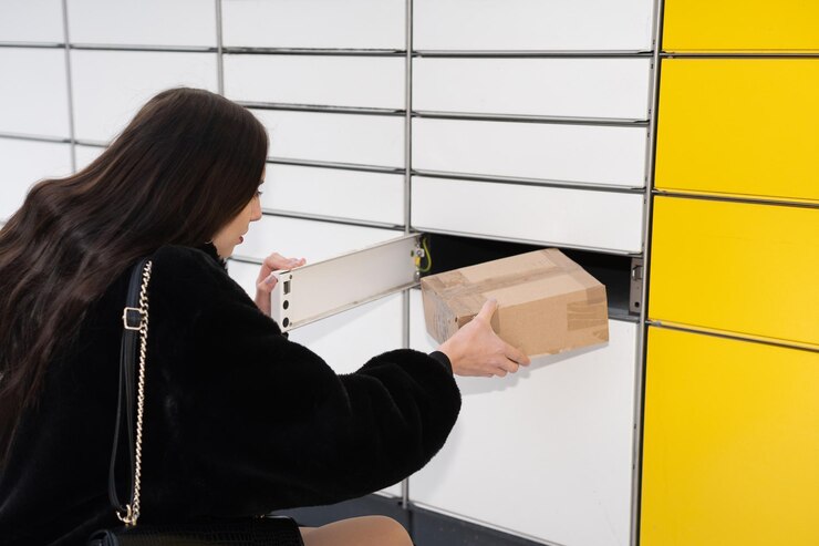 Photo 学生はパッケージロッカーにひっくり返り手に灰色の荷物を持っています冬には自動的に荷物を受け取って送ります