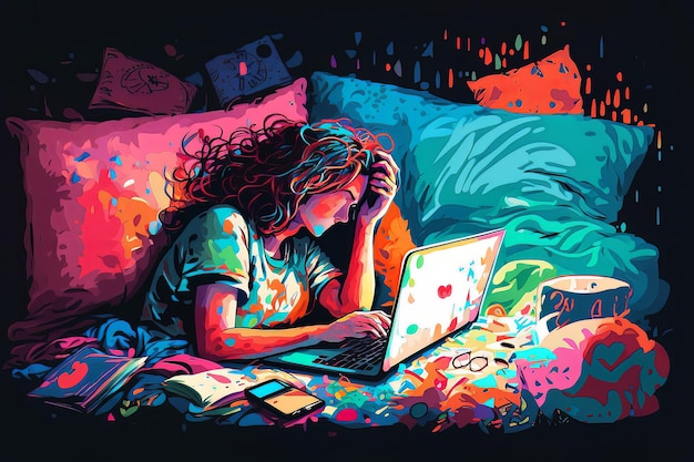 A student curled up in bed studying with laptop illustration Ai Generative