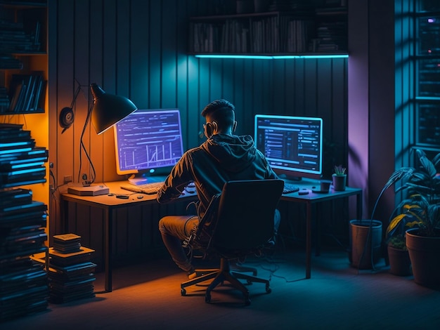 student die codeert op zijn computer met de juiste verlichting in de nacht kleurrijke pc tafel stoel