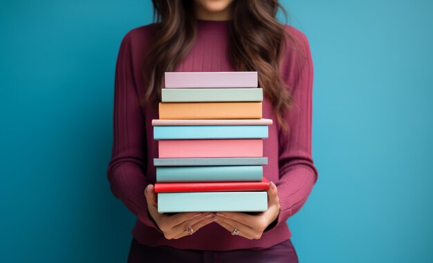 Foto student die een stapel boeken vasthoudt