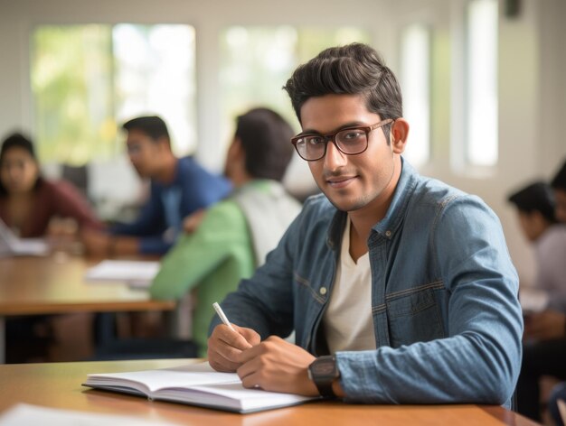 学生が教室で勤勉にメモを取っている