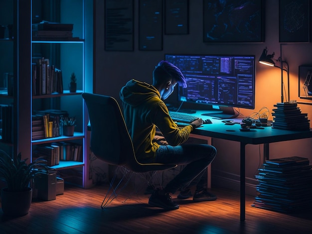 Student doing coding on his computer setup with proper lighting in night colorful pc table chair