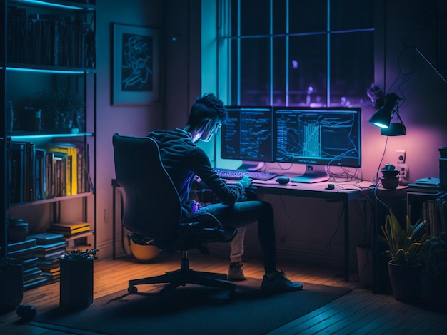 student doing coding on his computer setup with proper lighting in night colorful pc table chair