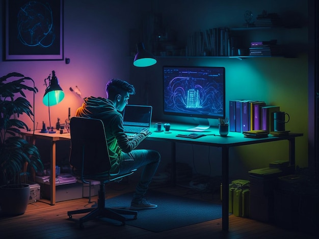 student doing coding on his computer setup with proper lighting in night colorful pc table chair