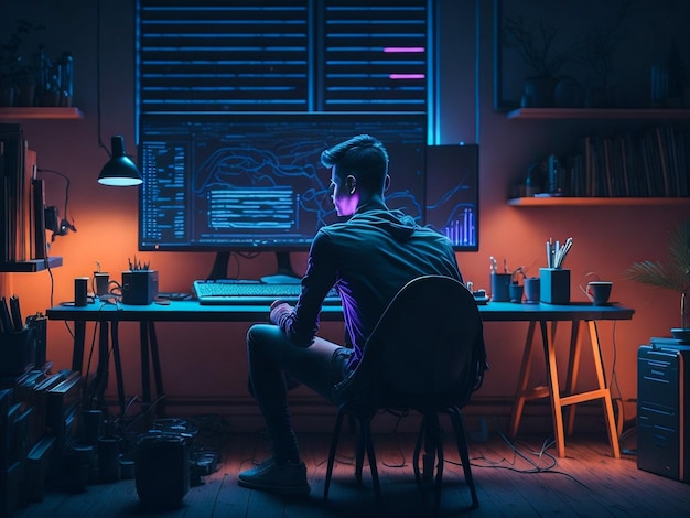 student doing coding on his computer setup with proper lighting in night colorful pc table chair