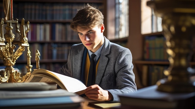 Photo a student dressed in an encyclopedia peruses materials in the library with the bookshelves