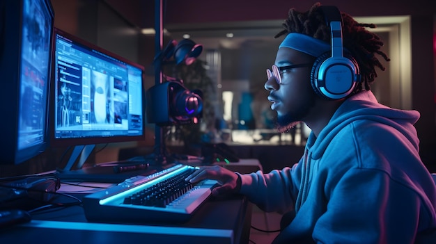 Student engaged in a coding project surrounded by a tech setup