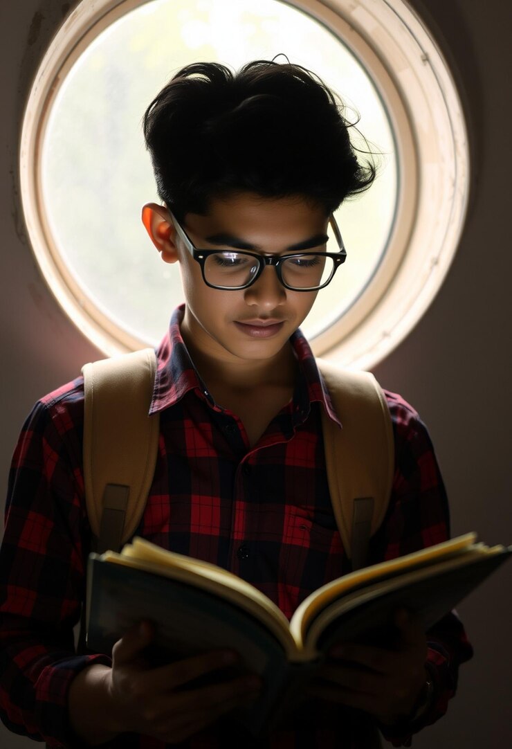 फोटो student engrossed in a book wearing glasses embarking on journey of knowledge in tubelight window