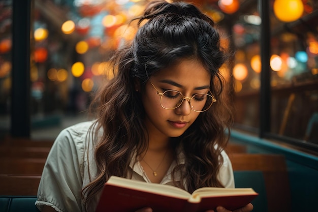 Student Engrossed in a Book Wearing Glasses Embarking on Journey of Knowledge in tubelight window