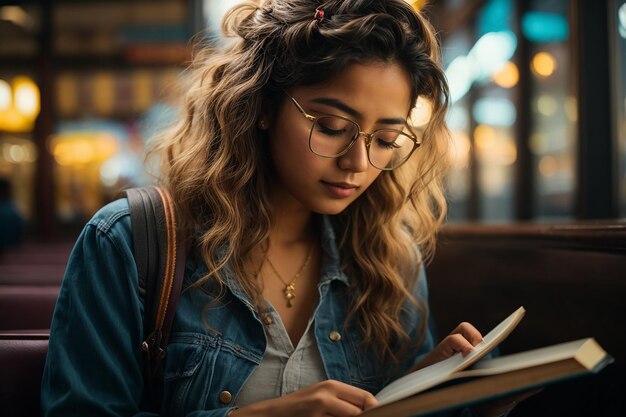 Foto studente assorto in un libro con gli occhiali che intraprende un viaggio di conoscenza in una finestra a luce di tubo