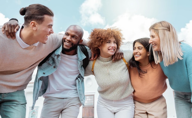 Photo student friends and happy people with diversity happiness and university support students community smile and college group outdoor ready for learning and teamwork with motivation and blue sky