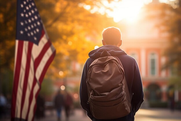 Student in front of the university gate looking at the flag a student going to university